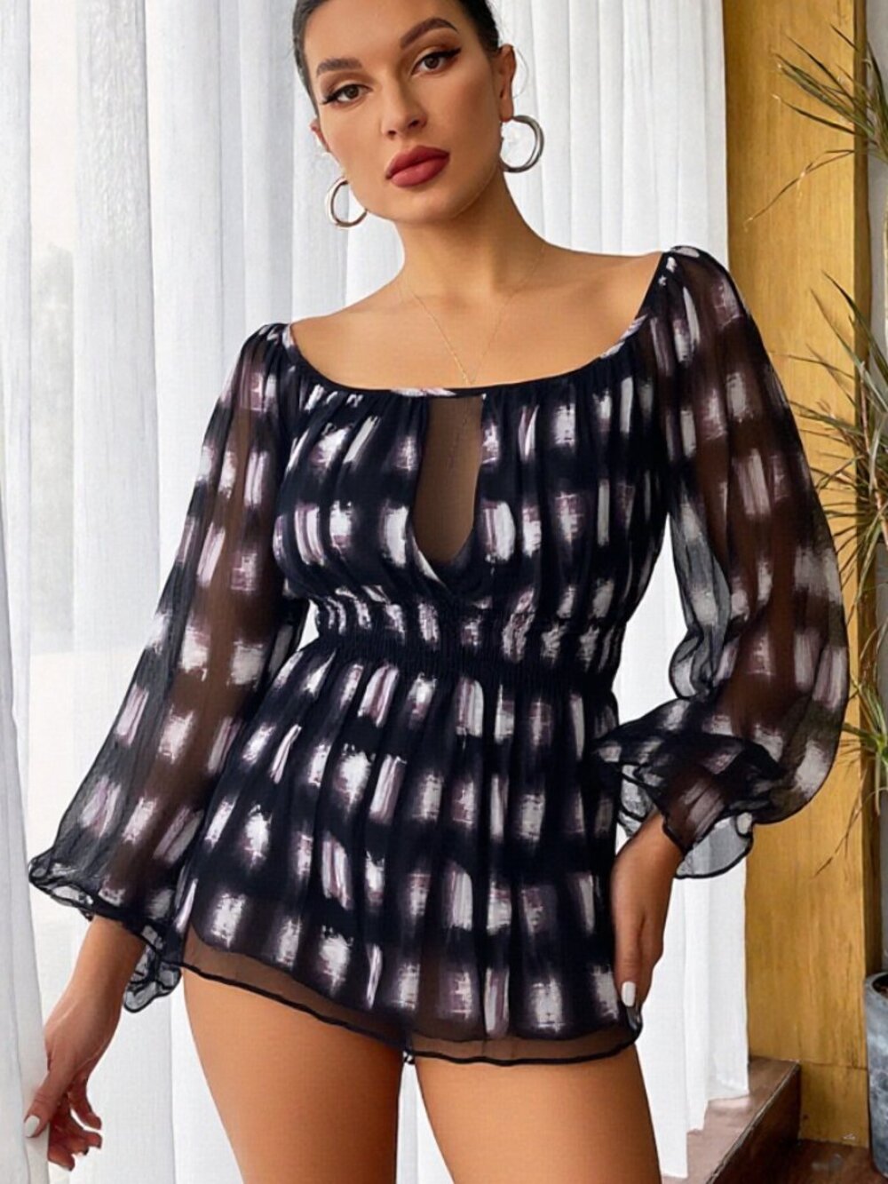 NWT Bcbgmaxazria silk organza Puffy sleeves key hole Boho top S $300